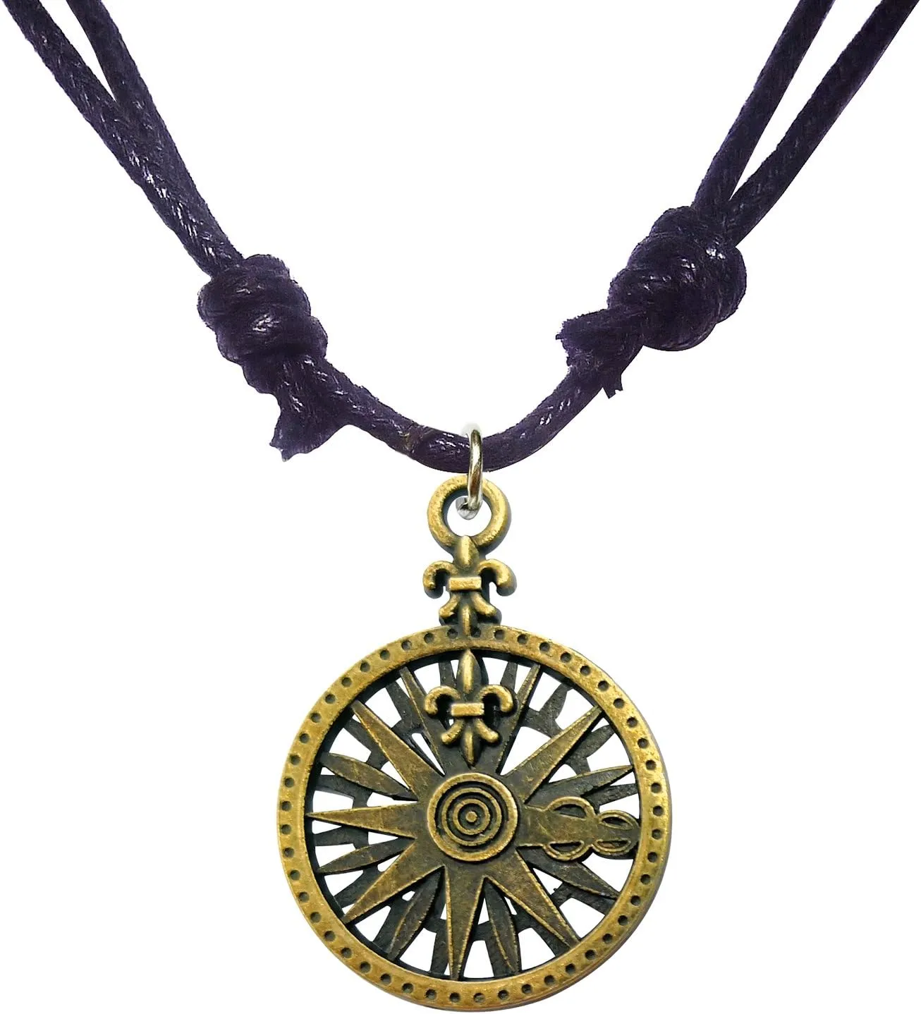 Antique Bronze Fleur de Lis Compass Pendant Adjustable Cord Necklace 16"