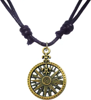 Antique Bronze Fleur de Lis Compass Pendant Adjustable Cord Necklace 16"