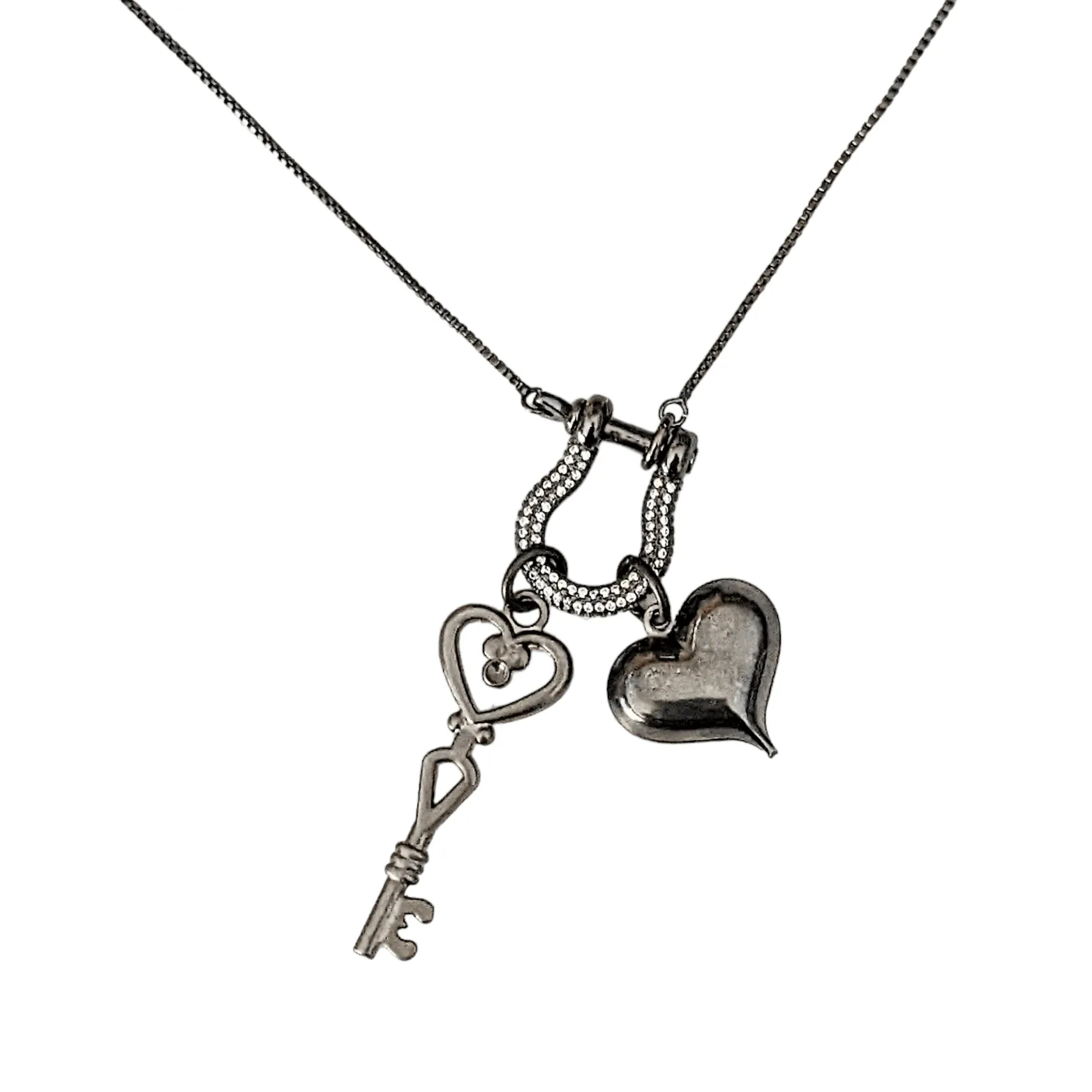 Black Heart Key Charm Necklace, adjustable up to 24 inches