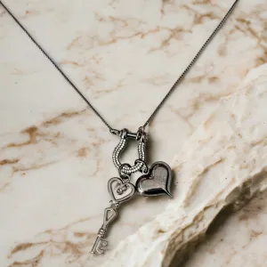 Black Heart Key Charm Necklace, adjustable up to 24 inches