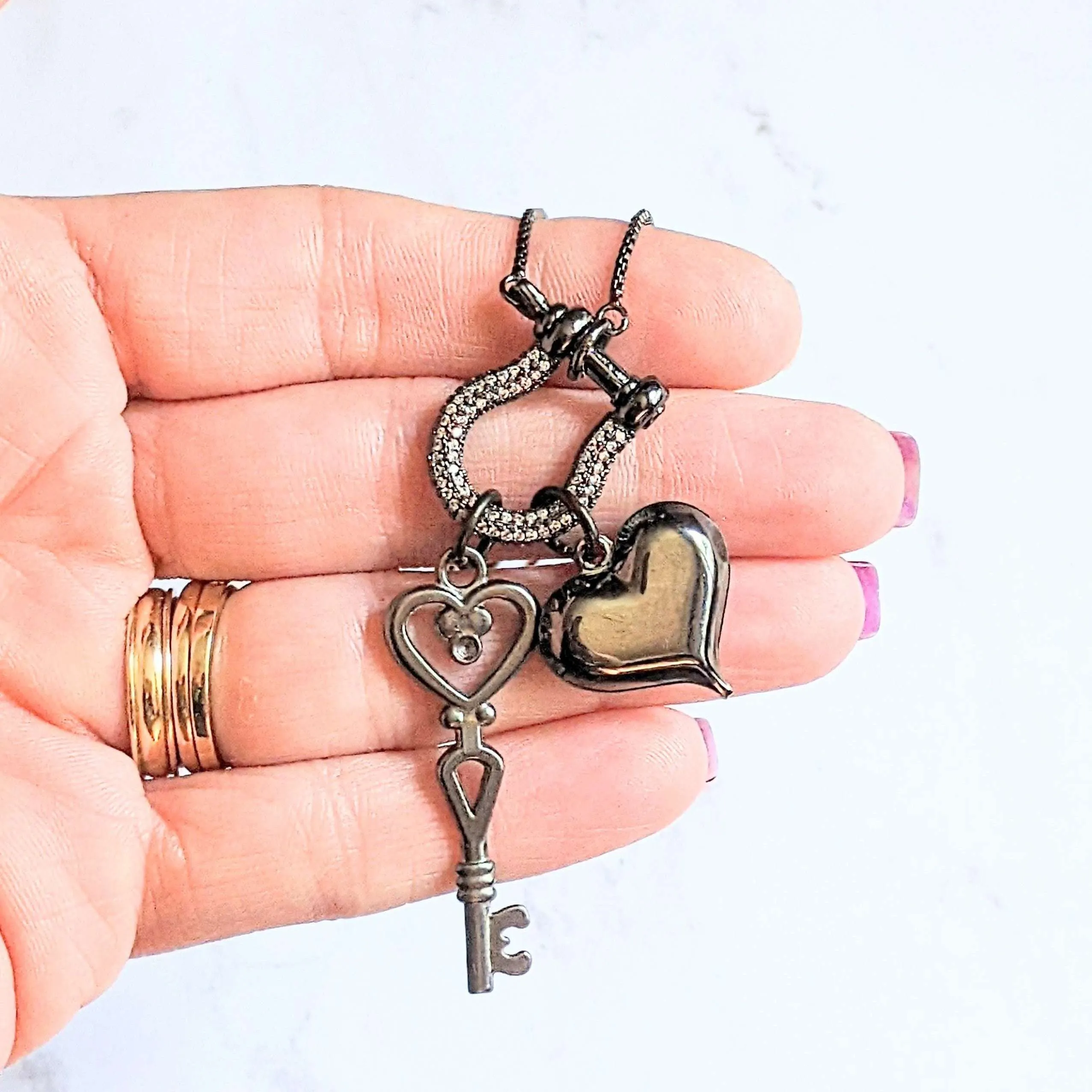 Black Heart Key Charm Necklace, adjustable up to 24 inches