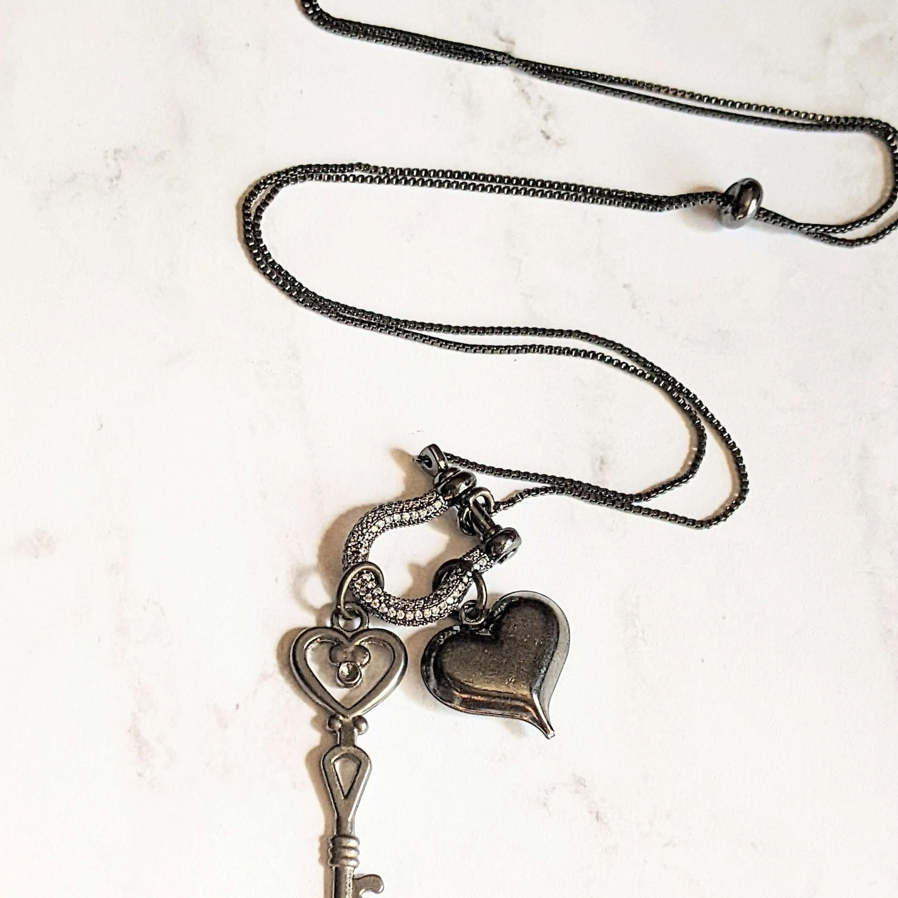 Black Heart Key Charm Necklace, adjustable up to 24 inches