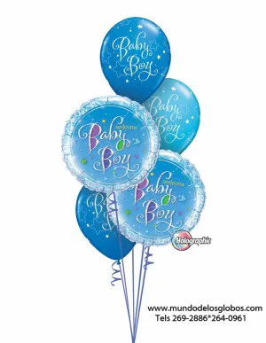 Bouquet de Globos Welcome Baby Boy con Globos Baby Boy Azules con Estrellitas