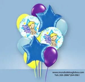 Bouquet de Niño Yep It's a Boy con Estrellas Azules y Globos de Colores
