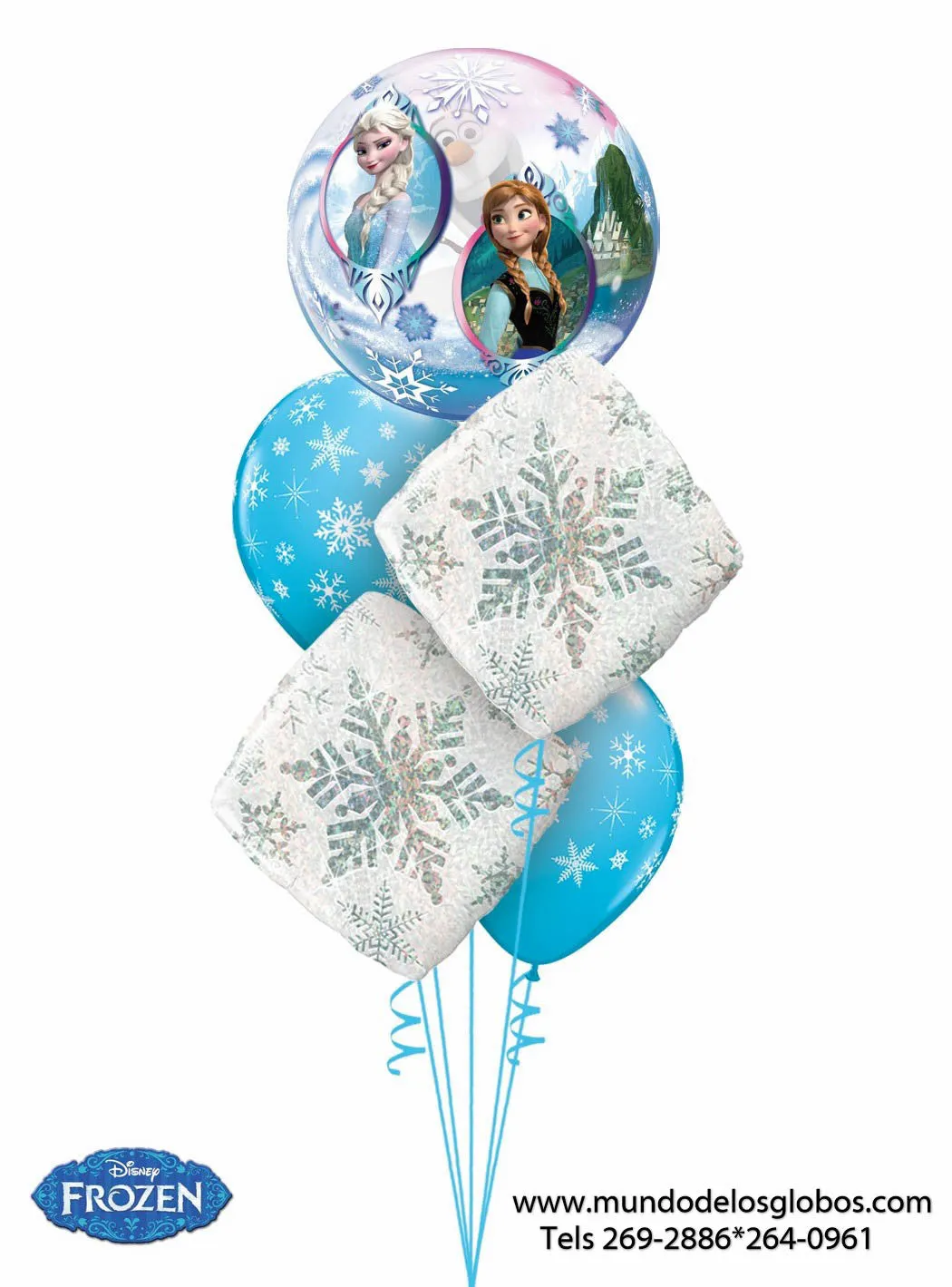 Bouquet Frozen con Burbuja de Elsa y Anna, Diamantes y Globos Azules de Copos de Nieve, Reino del Hielo