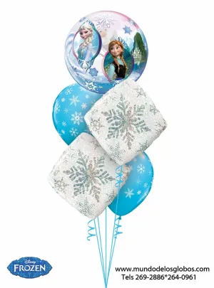Bouquet Frozen con Burbuja de Elsa y Anna, Diamantes y Globos Azules de Copos de Nieve, Reino del Hielo