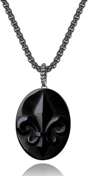 COAI Stone Amulet Fleur De Lis Necklace Black Obsidian Pendant Necklace for Men Women