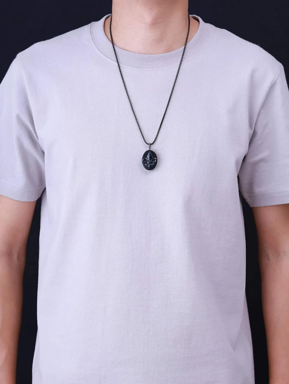 COAI Stone Amulet Fleur De Lis Necklace Black Obsidian Pendant Necklace for Men Women