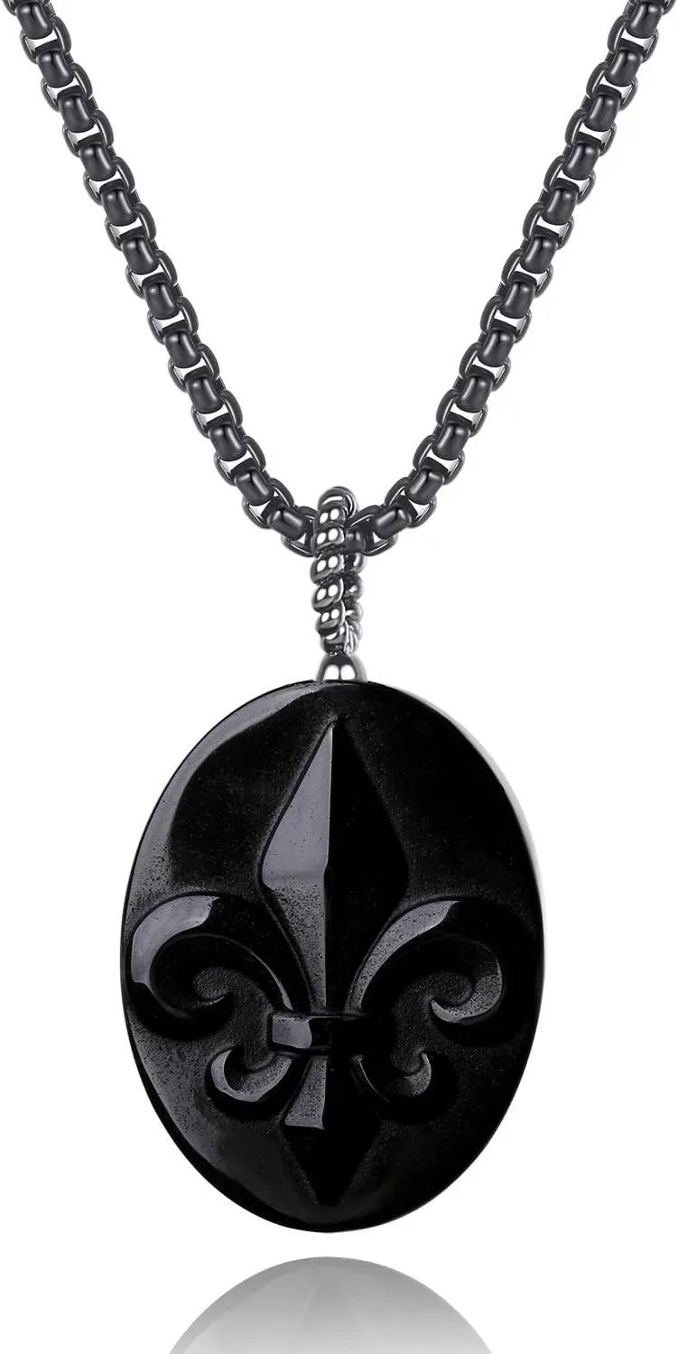 COAI Stone Amulet Fleur De Lis Necklace Black Obsidian Pendant Necklace for Men Women