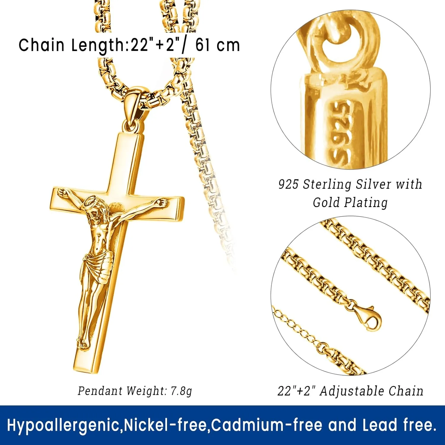 Eusense Cross Necklace for Women Men Crucifix Pendant Sterling Silver 925 Cruz De Caravaca Cross Jesus Crucifix Jewelry