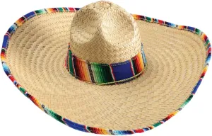 GiftExpress Mexican Sombrero Hat with Serape Trim, Adult Size, 21" Wide, Straw Hat for Cinco de Mayo, Serape Band, Costume Headwear