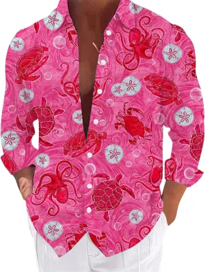 Graphic Button Down Tee Shirts for Men Long Sleeve Roll Up Wrinkle Free Summer Floral Turtle Print Vacation Tee Top