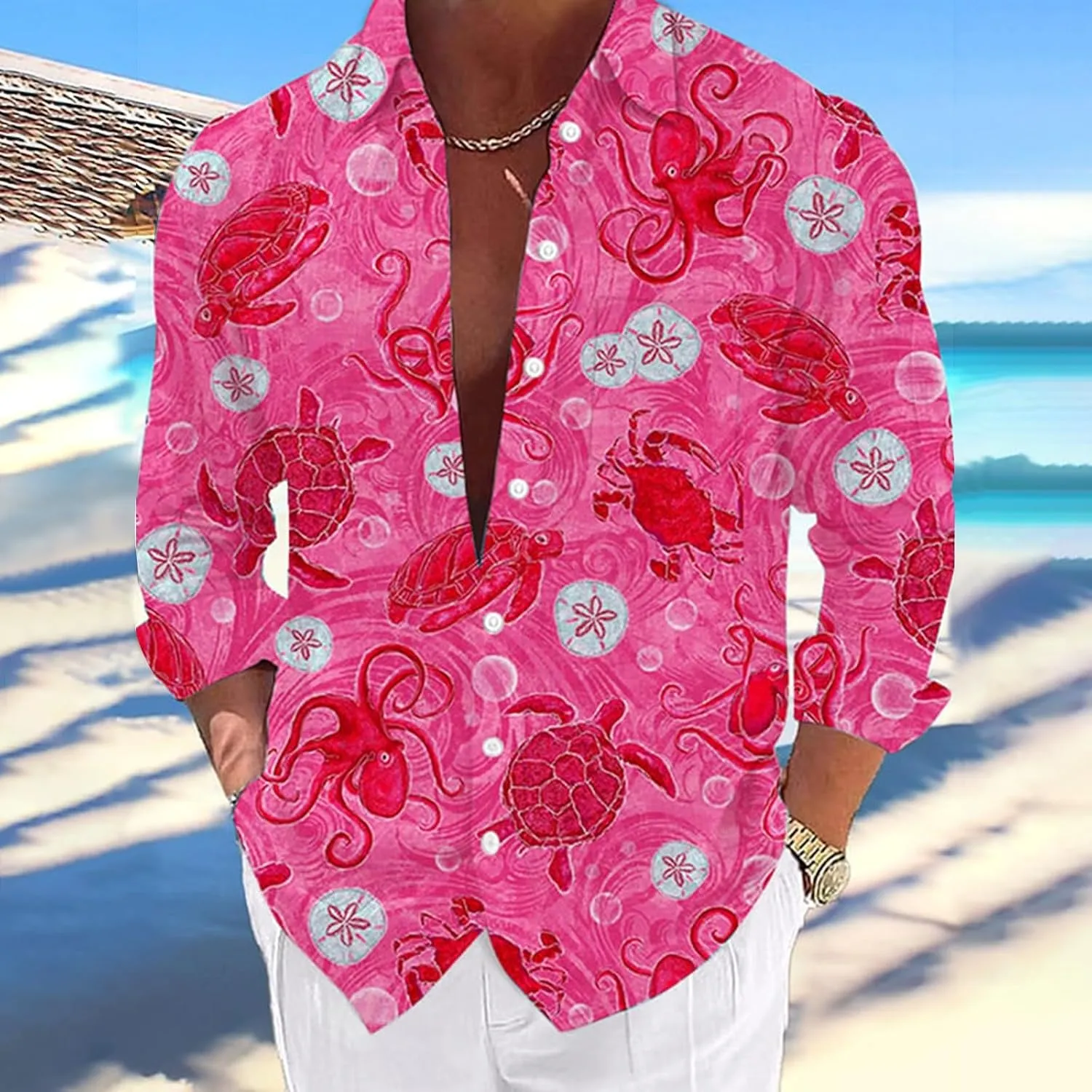 Graphic Button Down Tee Shirts for Men Long Sleeve Roll Up Wrinkle Free Summer Floral Turtle Print Vacation Tee Top
