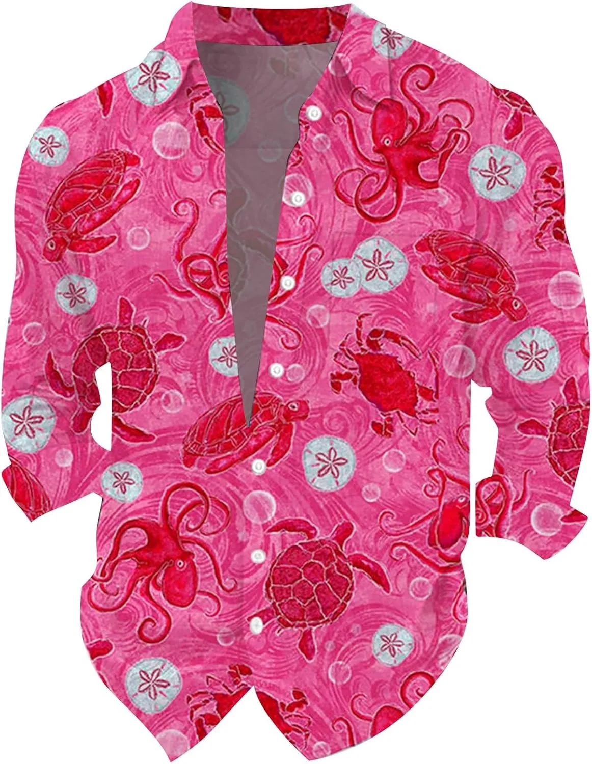 Graphic Button Down Tee Shirts for Men Long Sleeve Roll Up Wrinkle Free Summer Floral Turtle Print Vacation Tee Top