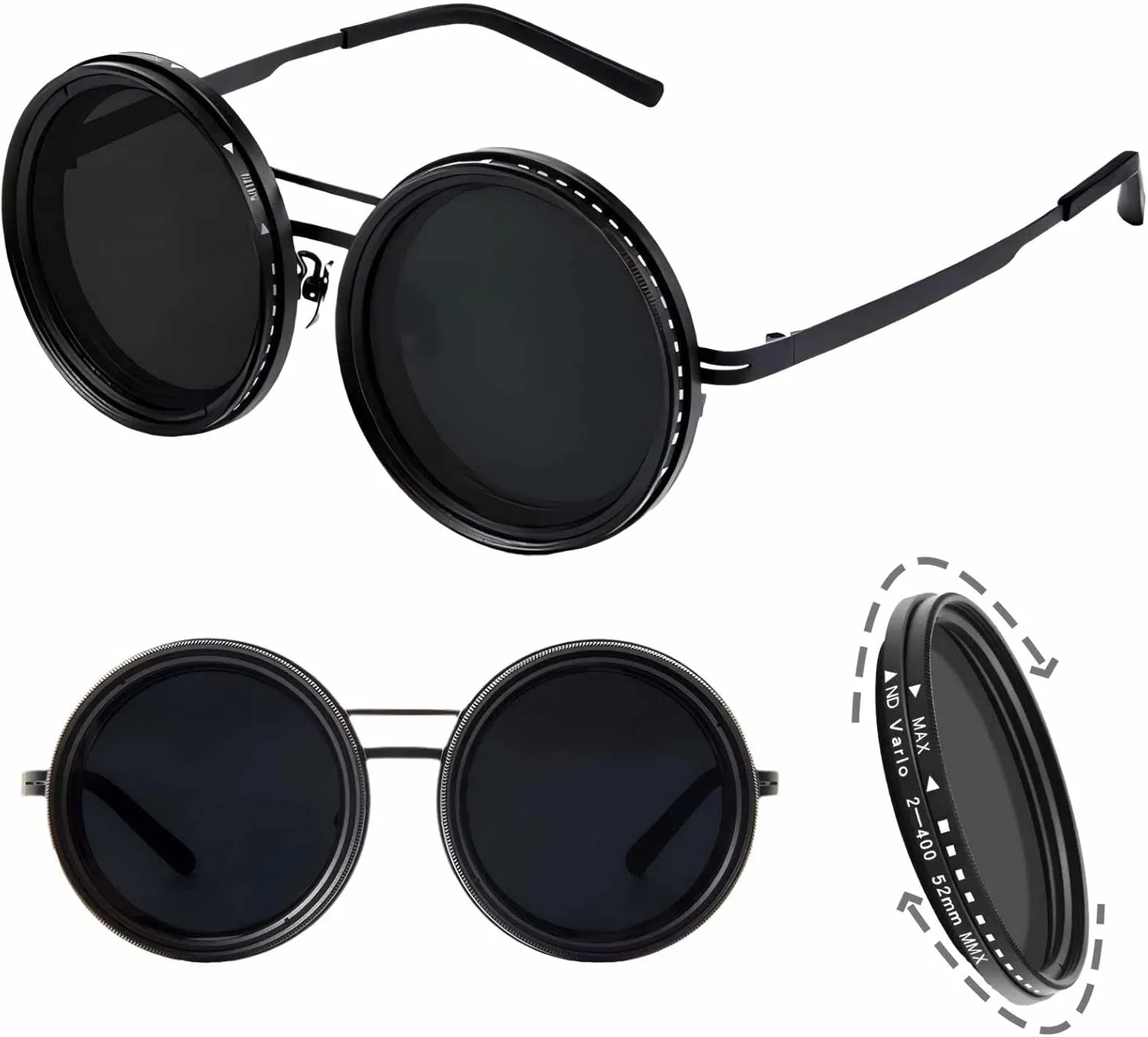 Men's Adjustable Tint Polarized Round Sunglasses ??ND9 Stepless Lens with 1-9 Gear Transition, UV400 Protection, Retro Beach Shades for Fishing & Driving   Hard Case
