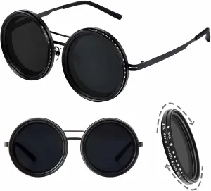 Men's Adjustable Tint Polarized Round Sunglasses ??ND9 Stepless Lens with 1-9 Gear Transition, UV400 Protection, Retro Beach Shades for Fishing & Driving   Hard Case