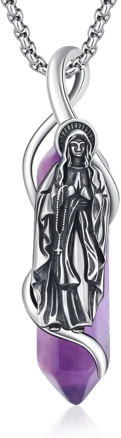 Miraculous Medal Virgin Mary Necklace for Women Men 925 Sterling Silver Virgen De Guadalupe Healing Crystal Pendant Mother Mary Virgencita Catholic Religious Amulet Charm Jewelry