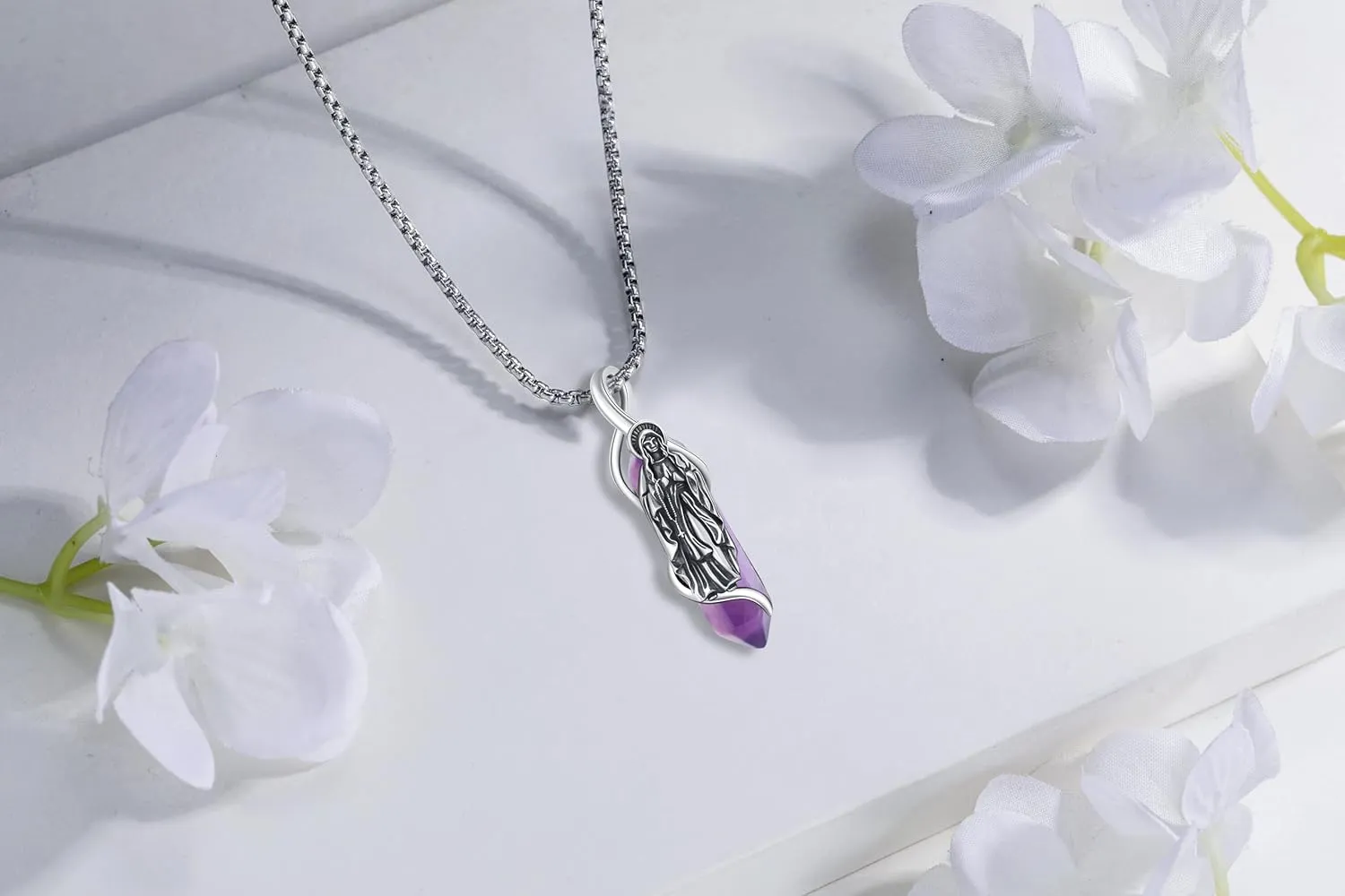 Miraculous Medal Virgin Mary Necklace for Women Men 925 Sterling Silver Virgen De Guadalupe Healing Crystal Pendant Mother Mary Virgencita Catholic Religious Amulet Charm Jewelry