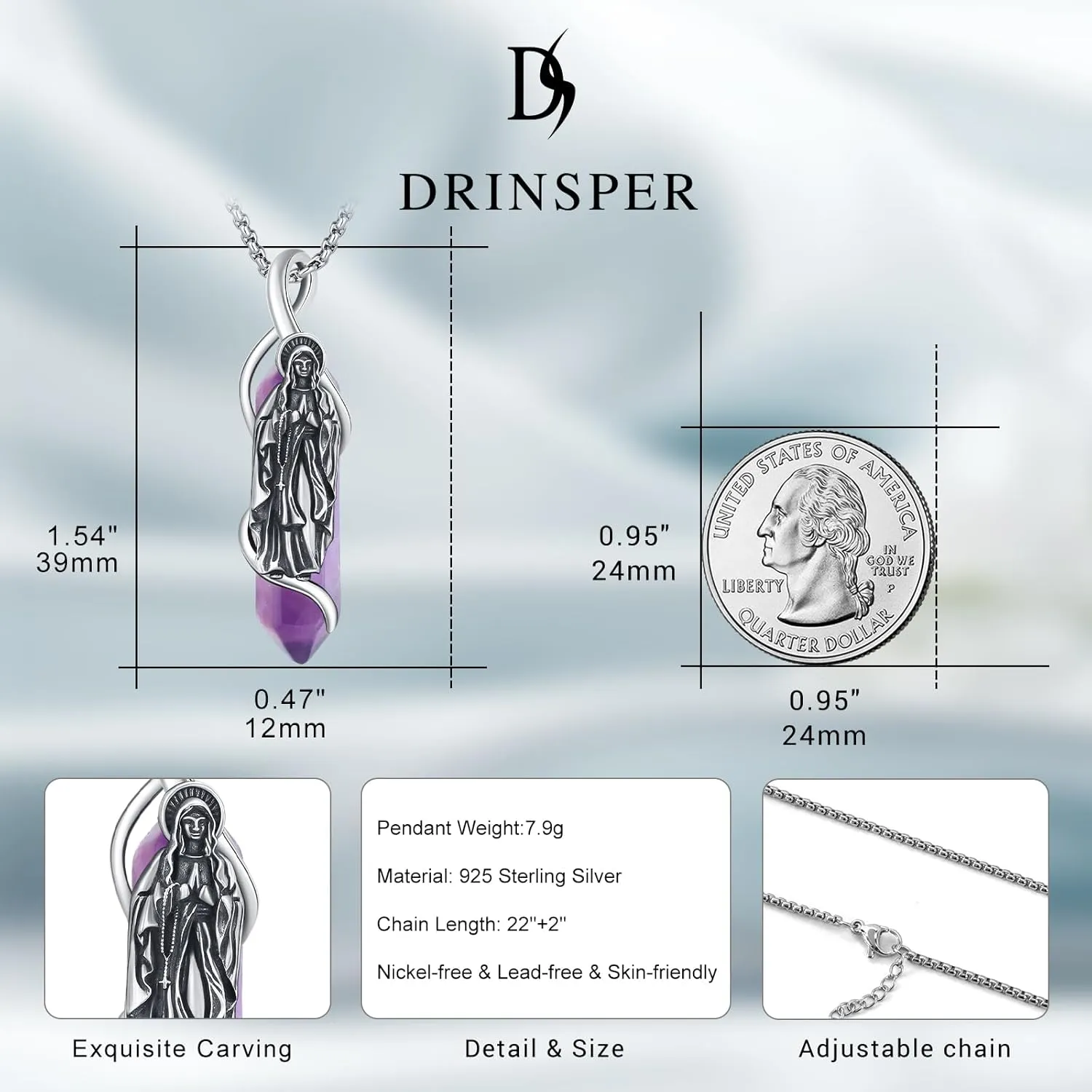Miraculous Medal Virgin Mary Necklace for Women Men 925 Sterling Silver Virgen De Guadalupe Healing Crystal Pendant Mother Mary Virgencita Catholic Religious Amulet Charm Jewelry