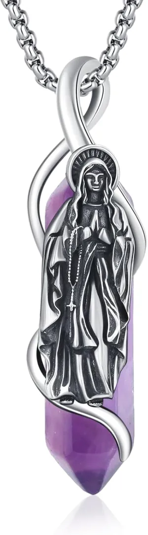 Miraculous Medal Virgin Mary Necklace for Women Men 925 Sterling Silver Virgen De Guadalupe Healing Crystal Pendant Mother Mary Virgencita Catholic Religious Amulet Charm Jewelry