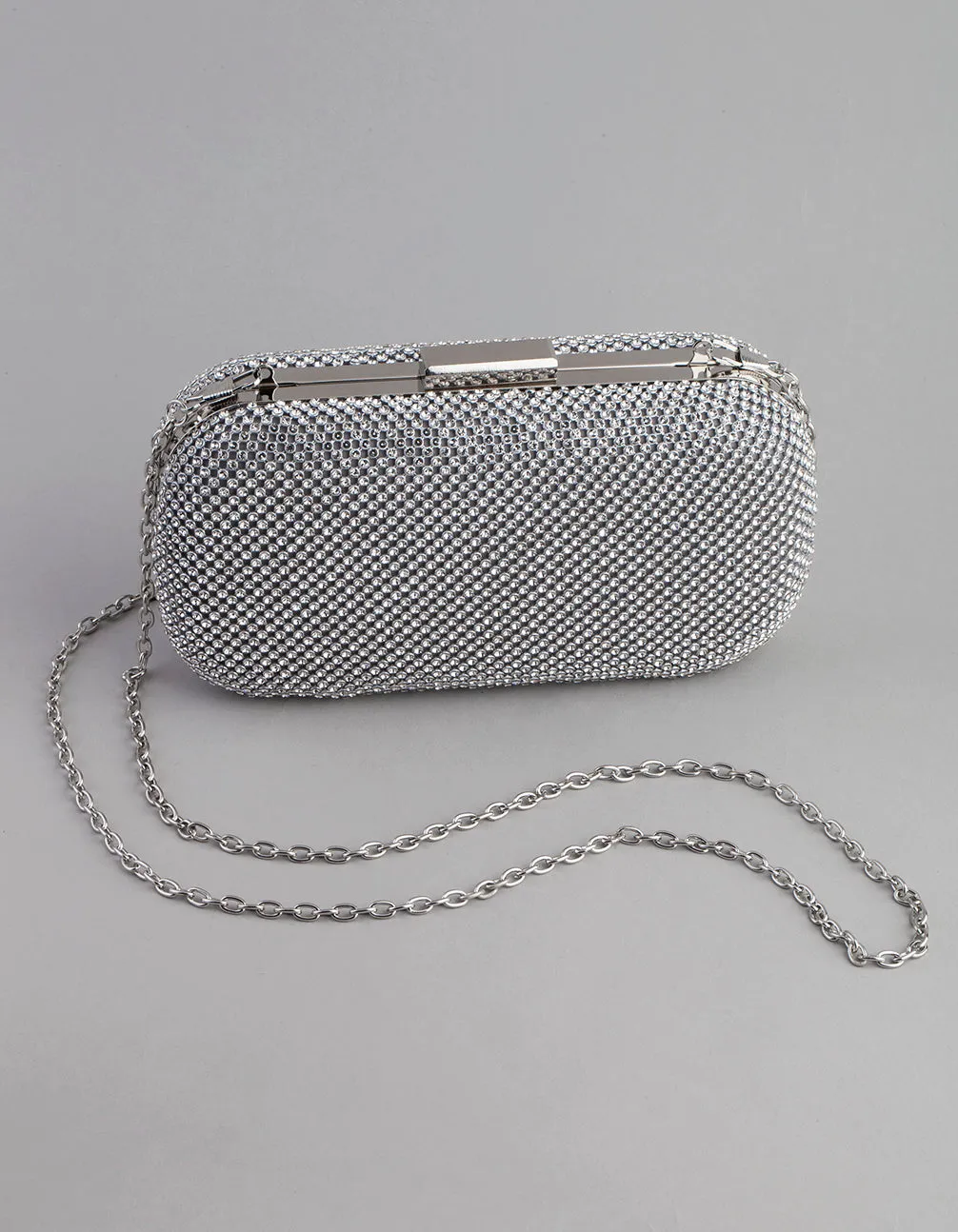 Silver Diamante Rounded Rectangular Clutch