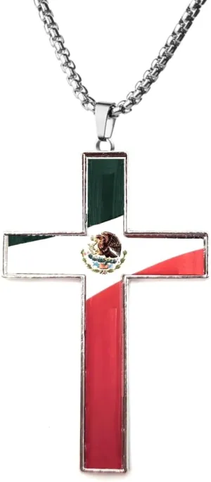 Stainless Steel Puerto Mexican Flag Cross Pendant Necklace - - Patriotic Religious Jewelry for Men or Women. 24 inch Stainless Steel Chain - Collar con Colgante de Cruz con Bandera Mexicana