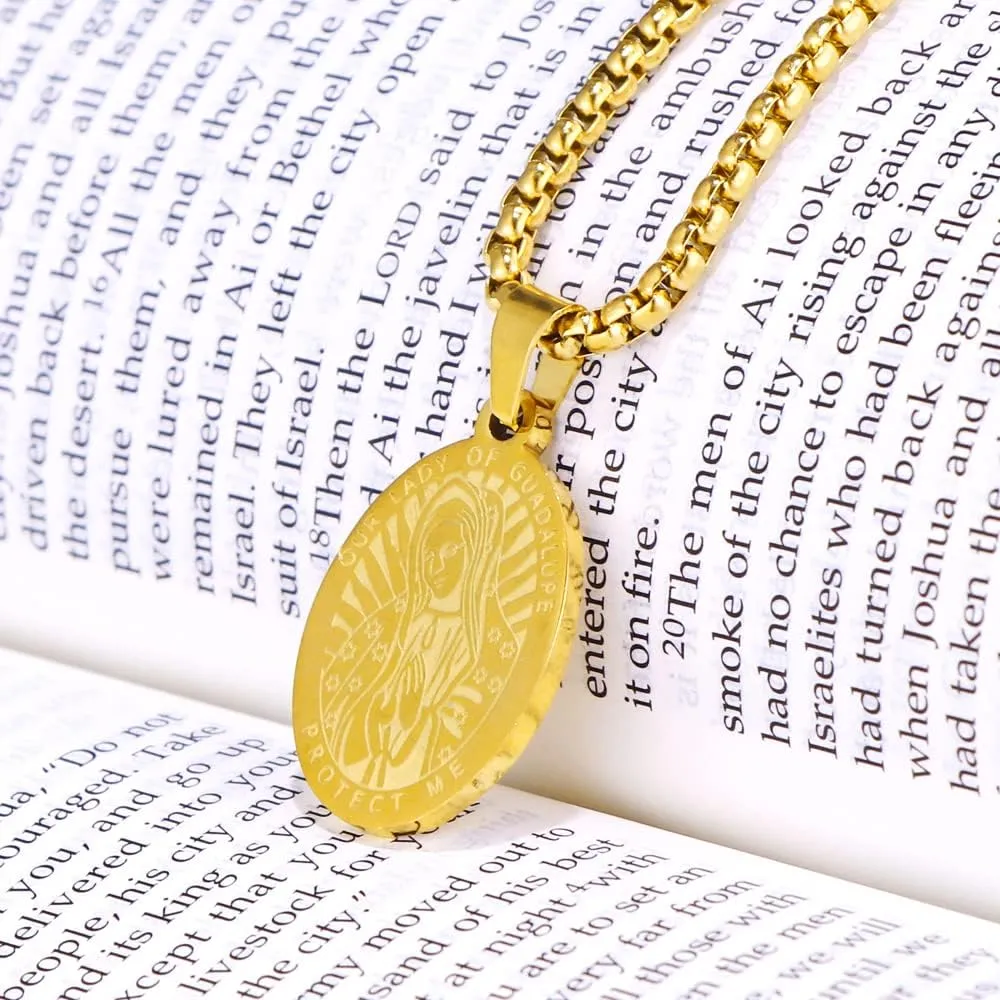 Stainless Steel Saint St Benedict/Christopher/Michael/Jude/Jesus/Virgen de Guadalupe/Virgin Mary Oval Medal Necklace for Men, Religious Gift Catholic Jewelry for Women Men (24 Inch Chain)