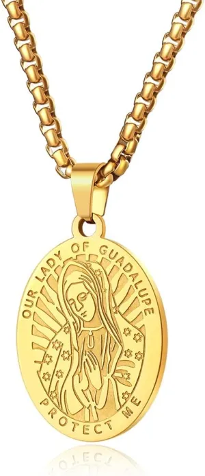 Stainless Steel Saint St Benedict/Christopher/Michael/Jude/Jesus/Virgen de Guadalupe/Virgin Mary Oval Medal Necklace for Men, Religious Gift Catholic Jewelry for Women Men (24 Inch Chain)