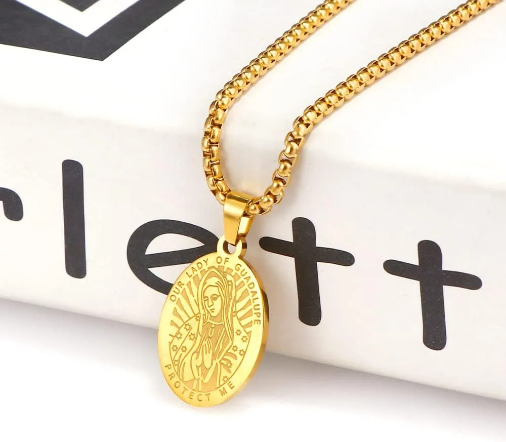 Stainless Steel Saint St Benedict/Christopher/Michael/Jude/Jesus/Virgen de Guadalupe/Virgin Mary Oval Medal Necklace for Men, Religious Gift Catholic Jewelry for Women Men (24 Inch Chain)