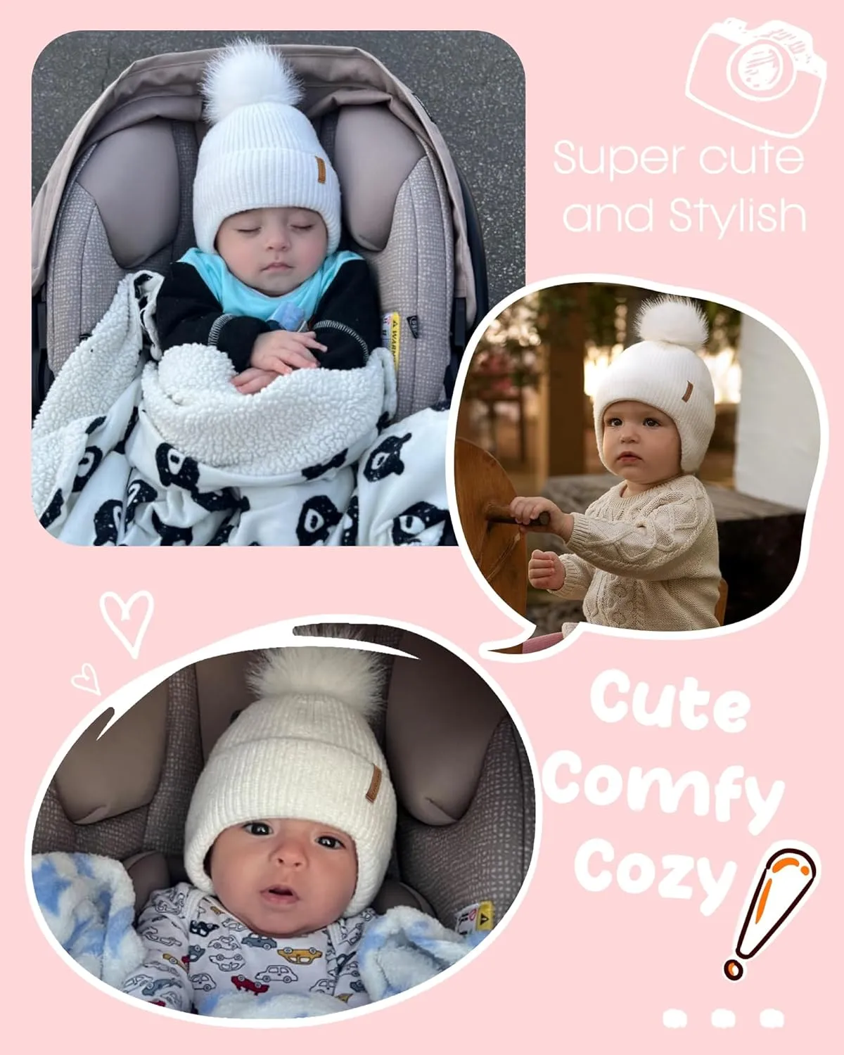 Toddler Baby Winter Hat Warm Fleece Lined Knit Kids Hat with Earflap Infant Newborn Pom Pom Beanie Knit Cap Girls Boys