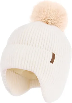 Toddler Baby Winter Hat Warm Fleece Lined Knit Kids Hat with Earflap Infant Newborn Pom Pom Beanie Knit Cap Girls Boys