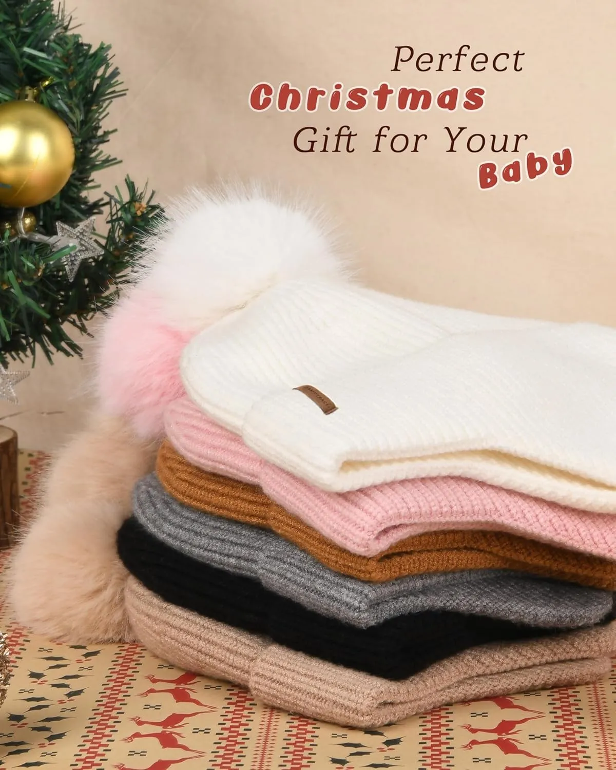 Toddler Baby Winter Hat Warm Fleece Lined Knit Kids Hat with Earflap Infant Newborn Pom Pom Beanie Knit Cap Girls Boys