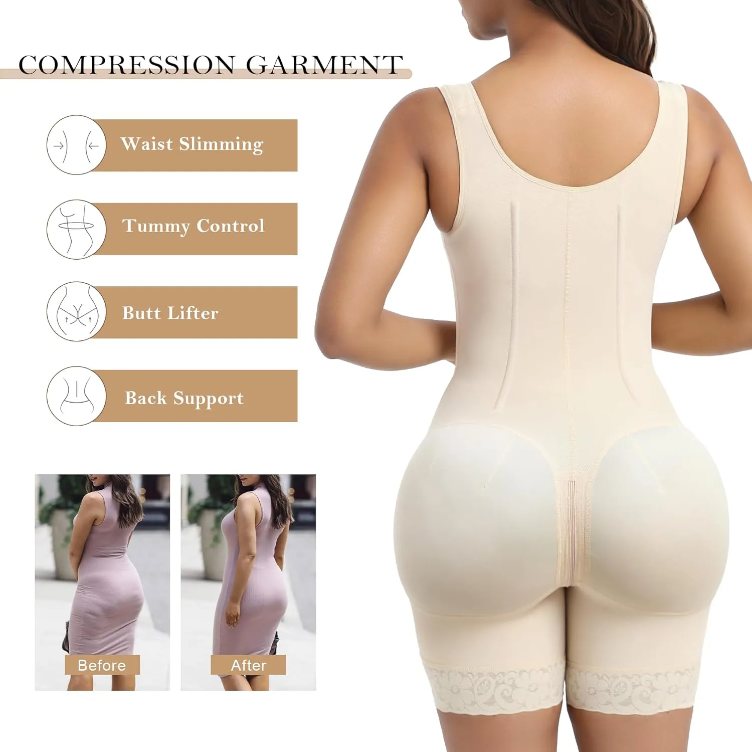 YIANNA Fajas Colombianas Moldeadoras Shapewear Tummy Control Body Shaper Postpartum Butt Lift Compression Garment with Bones